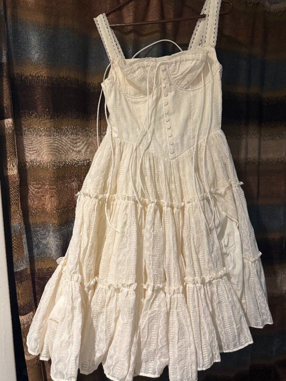 Women's Cream Tiered Midi Dress with Lace Straps